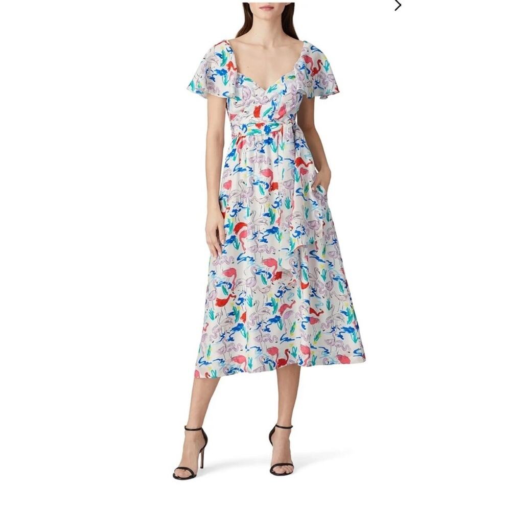 Tanya Taylor White Colorful Flamingo Wrap Bodice Teigan Silk Midi Dress 10